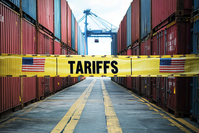 Tariffs banner across containers in shipping yard